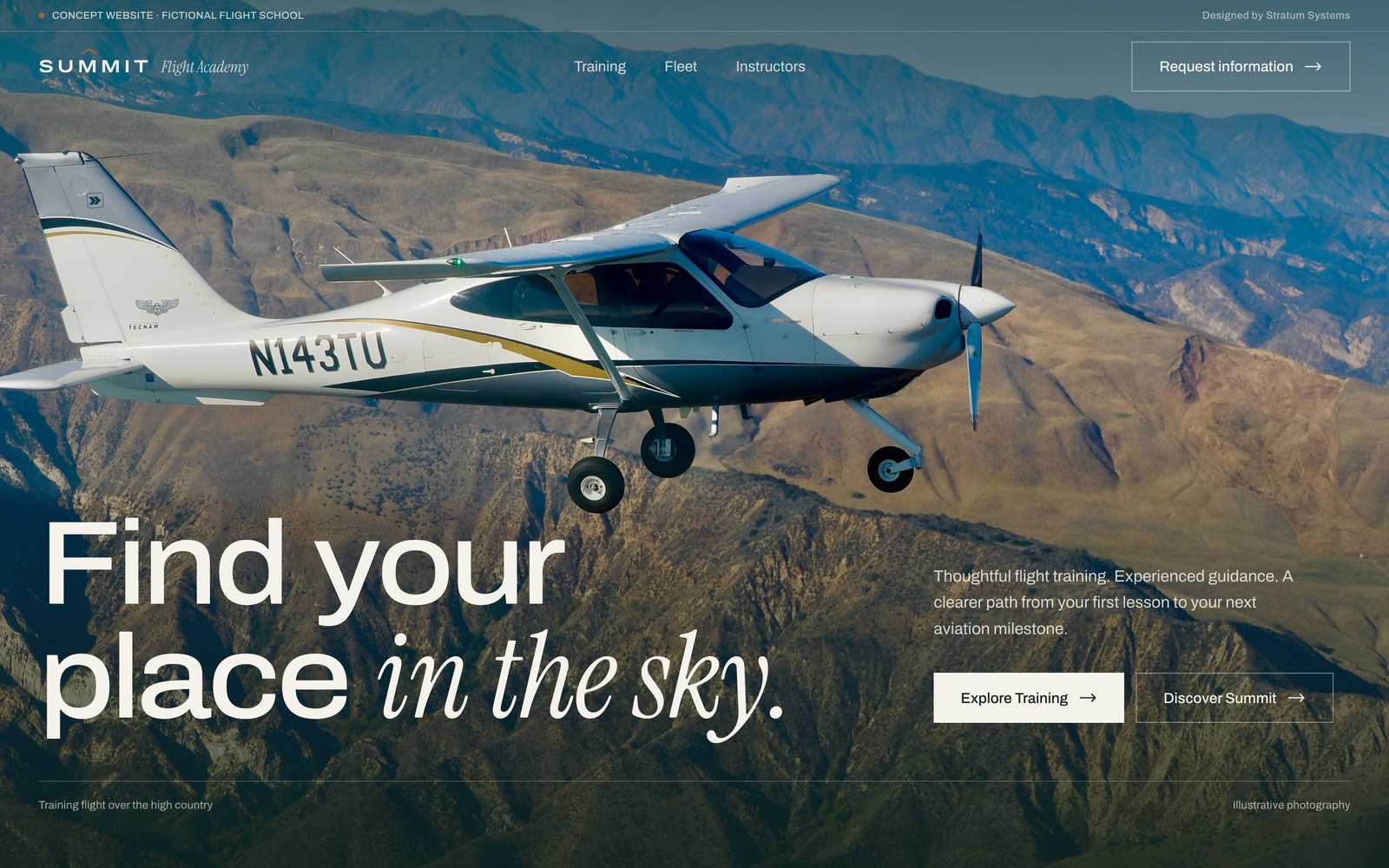 The homepage of Summit Flight Academy, a concept website designed by Stratum Systems: a training aircraft over mountains with the headline “Find your place in the sky.”